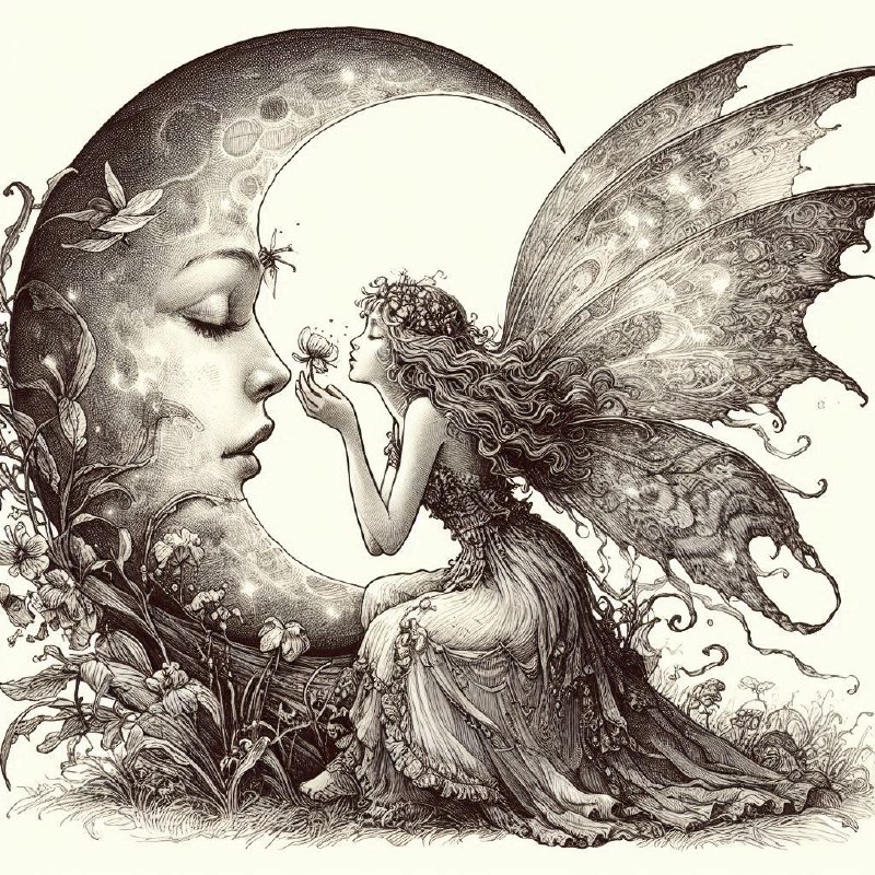 Vintage Fairy Kissing the Moon Line Drawing