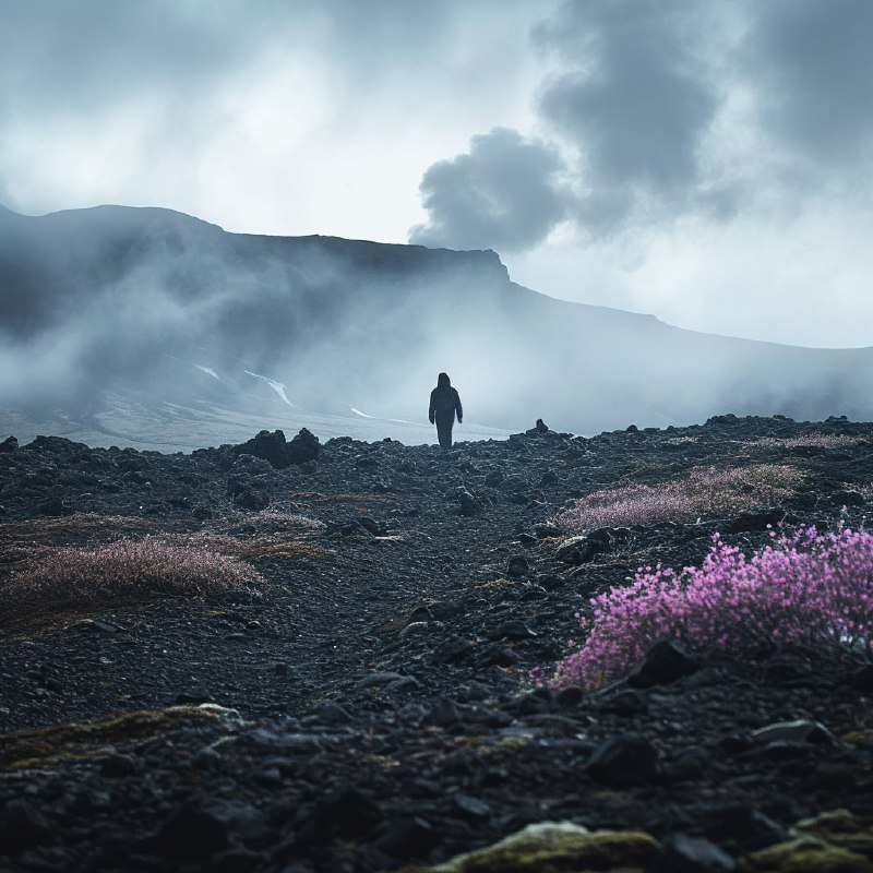 Icelandic Volcano With Lone Traveler and Mist