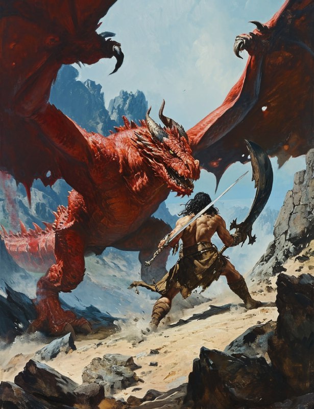 Conan Fighting Red Dragon Fantasy Book Cover
