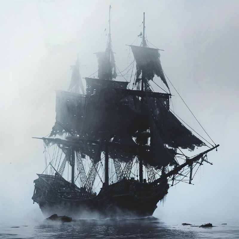 Black Pirate Ship With Tattered Sails in Fog