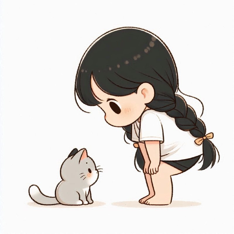 Girl in Braids Bowing to Her Cat Illustration