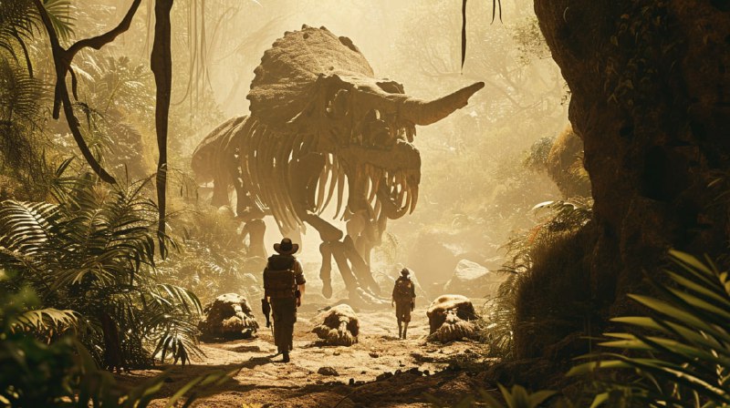 Archaeologists Beside Snowy Dinosaur Skeleton