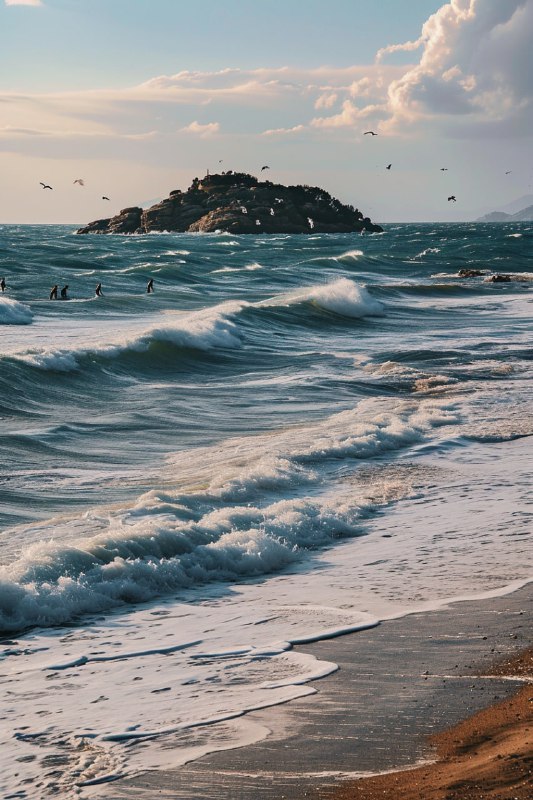 Mediterranean Beach Walk With Seagulls and Waves