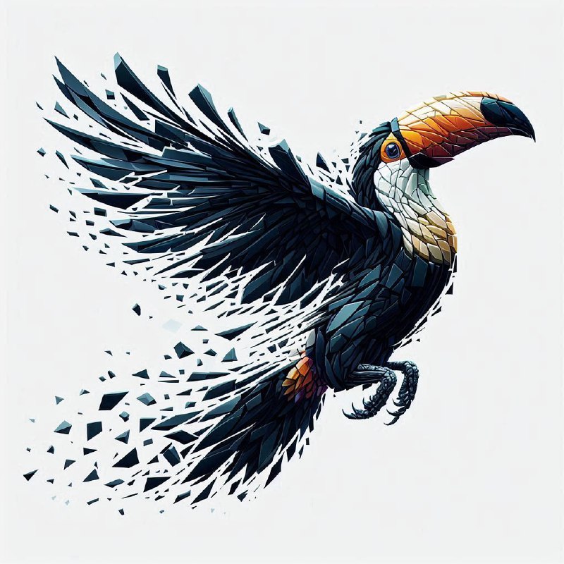 Toucan in Flight Dissolving Into Geometric Shapes