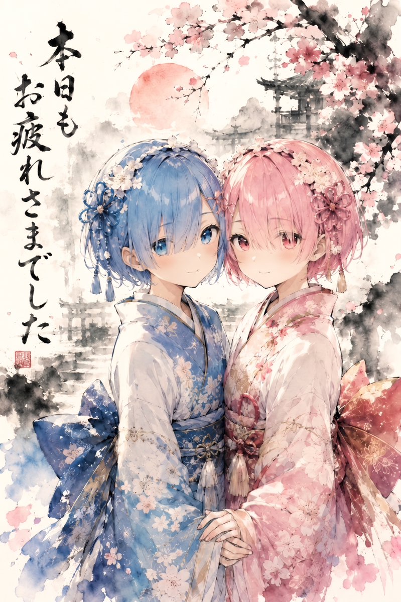Anime Ink Wash Sakura Twins