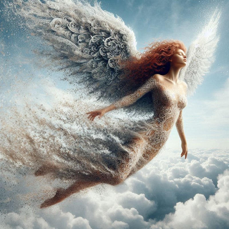 Red Haired Angel With Filigree Wings Dissolving