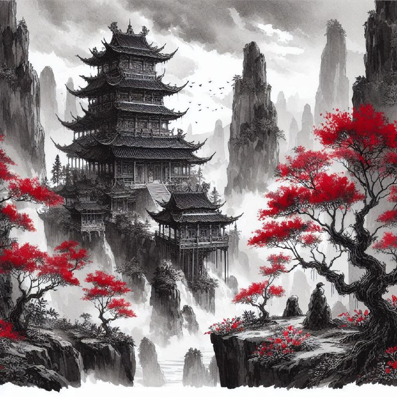 Chinese Temple on Rock Pillars With Red Trees