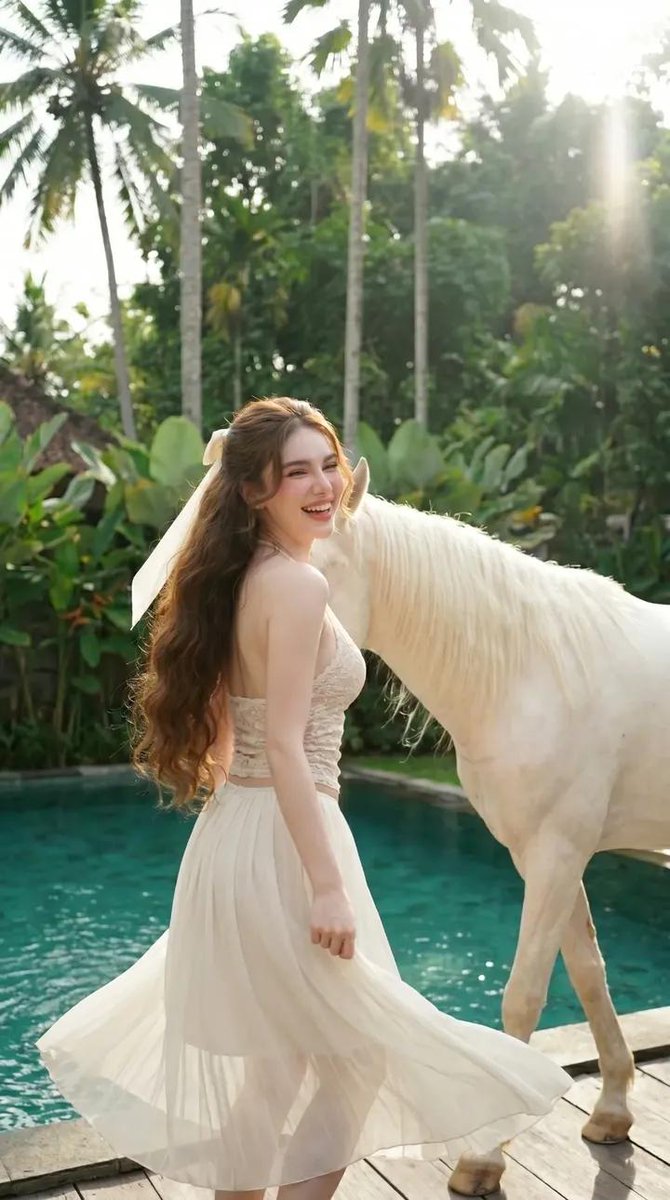 Dreamy Poolside Portrait With White Horse