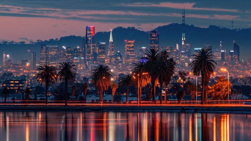 Art Deco Skyline Across Lake With Palm Trees