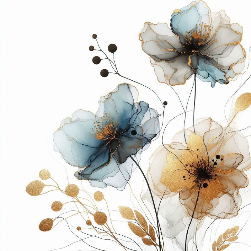 Gold and Blue Alcohol Ink Minimalist Flowers