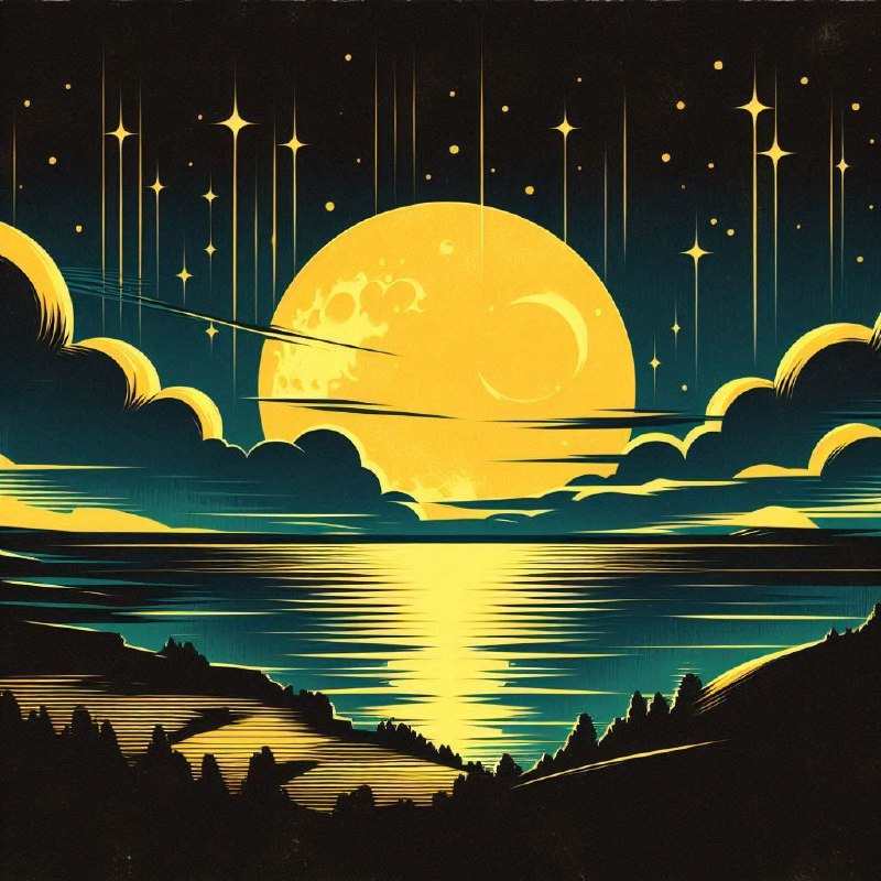 Surreal Moonrise With Neon Stars Minimal Silhouette