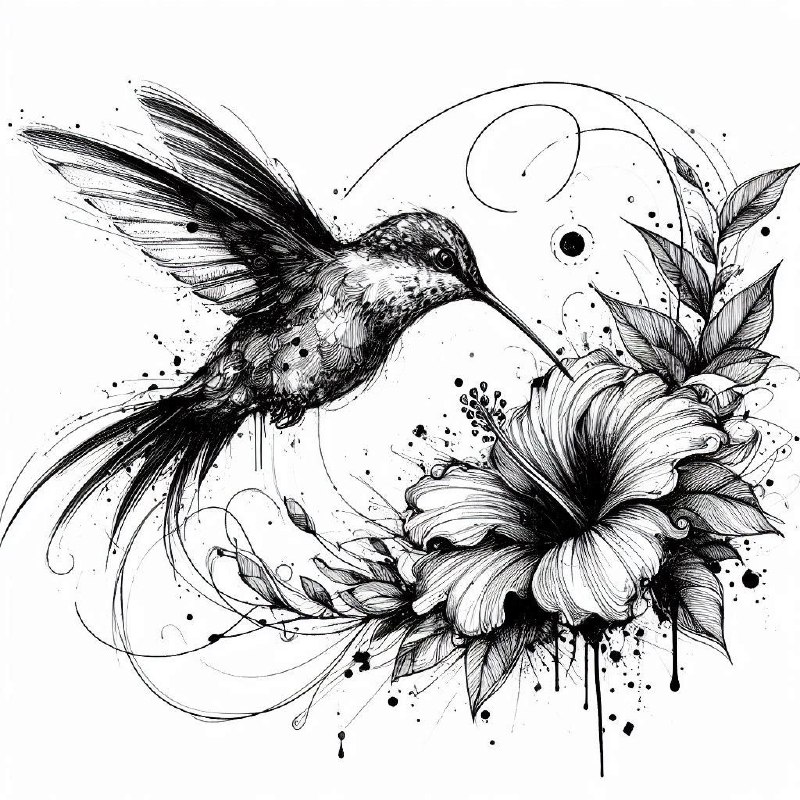 Hummingbird Feeding on Flower Ink Sketch