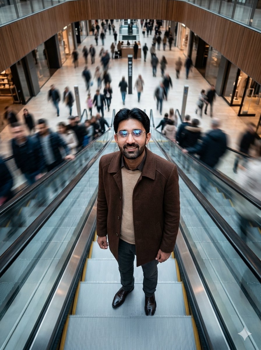 Still Man on Futuristic Mall Escalator