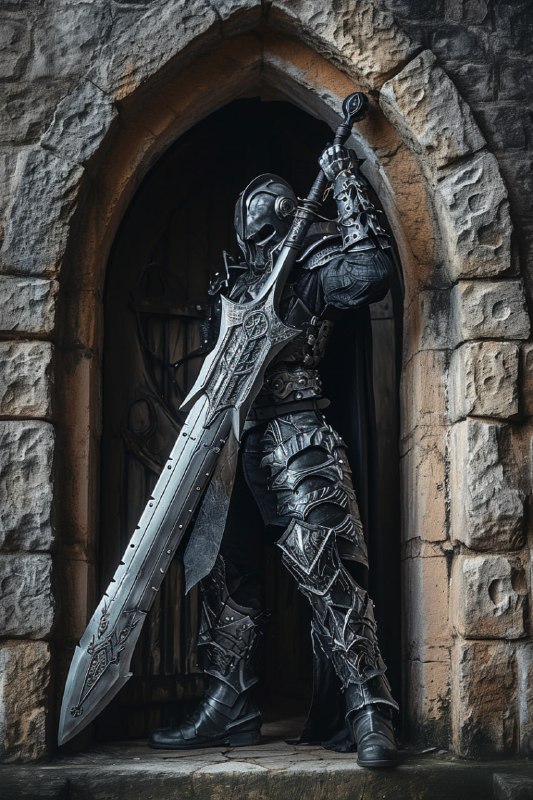 Techno Hero With Giant Sword in Castle Doorway