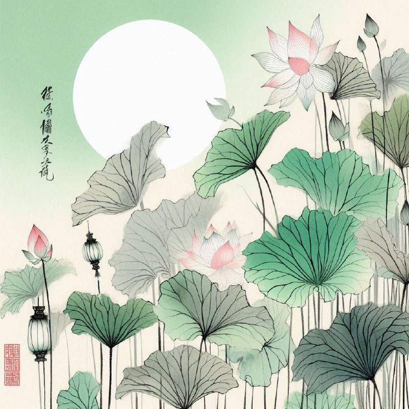 Lotus Ink Painting in Light Green and Pink