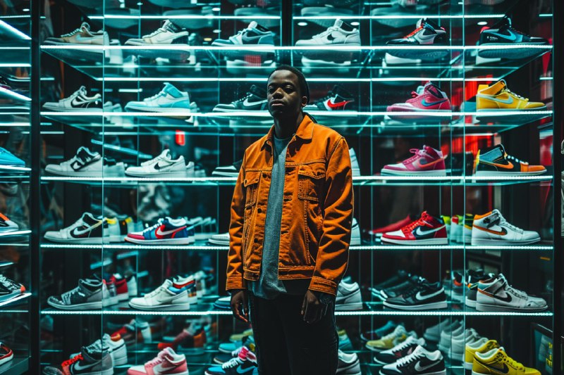 Man Before Wall of Sneakers in Glass Boxes
