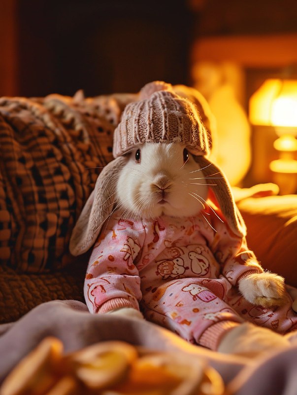 Lop Eared Rabbit in Pink Pajamas on Sofa