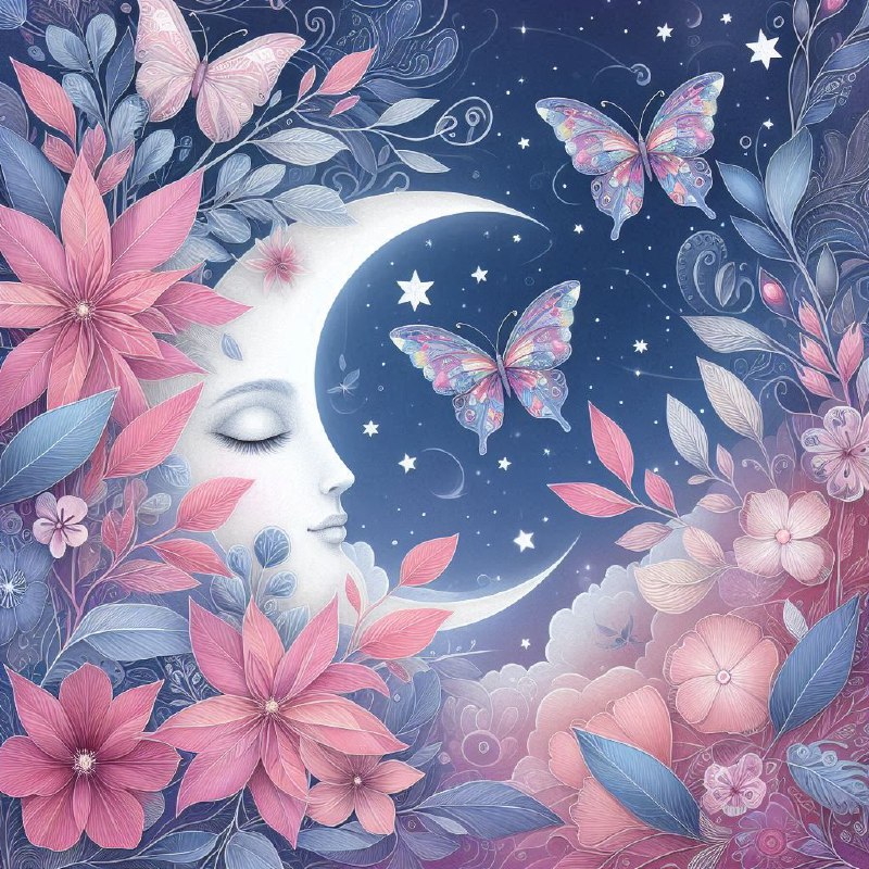 Moon and Stars With Pink Leaves and Butterflies