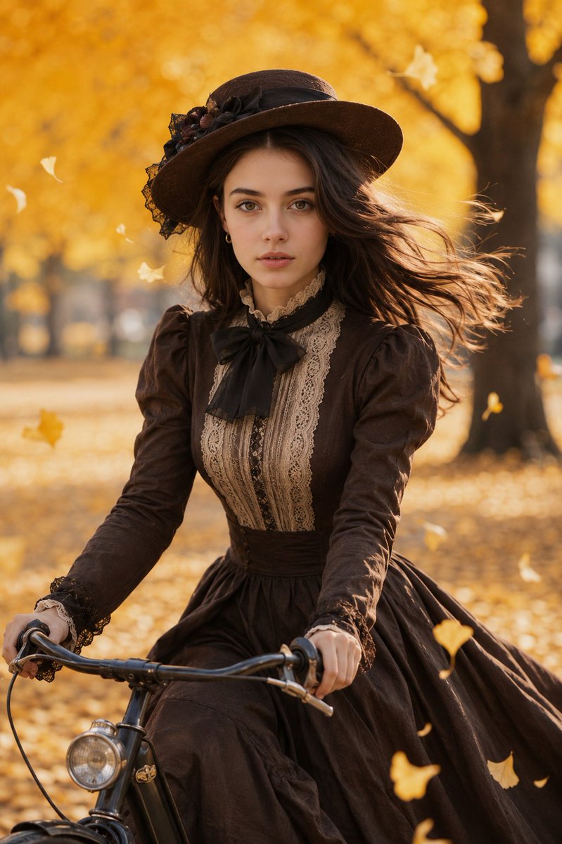 Victorian Woman Cycling in Autumn Park