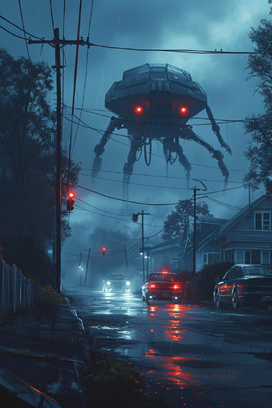 Alien Machine Looming Over Silent Suburbs
