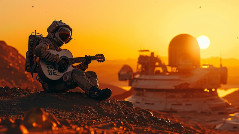 Space Traveler Playing Guitar on Alien Hill