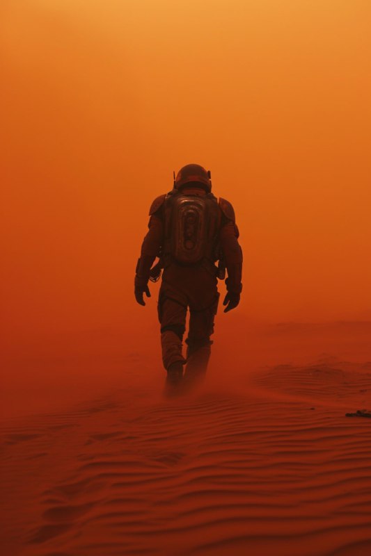 Man in Futuristic Suit on Orange Sand Movie Still