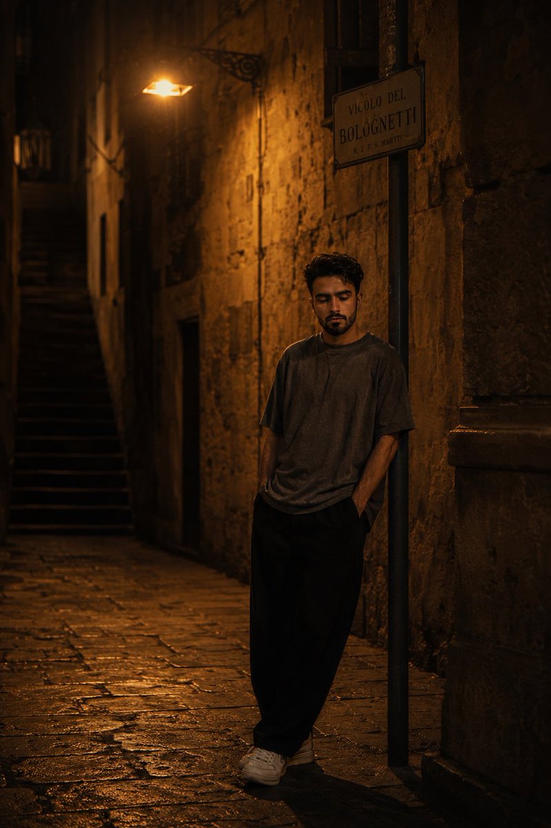 Cinematic Night Portrait in Historic Alley
