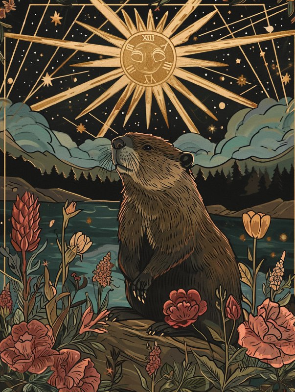 Vintage Tarot Card With Screen Printed Beaver