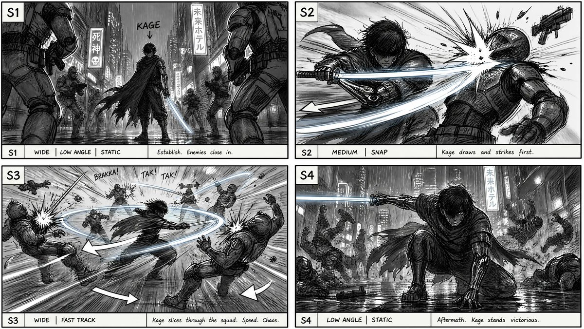 Noir Cyberpunk Sword Fight Storyboard