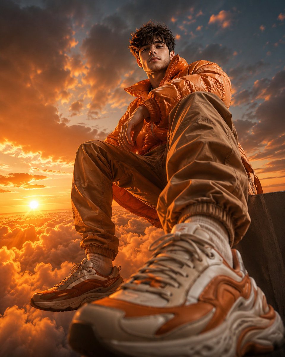 Luxury Streetwear Model on Orange Clouds