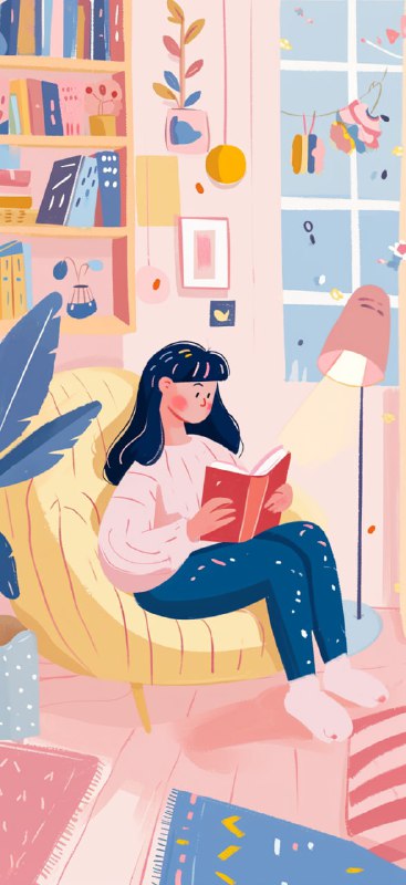 Girl Reading Book at Home Kawaii Gouache Art