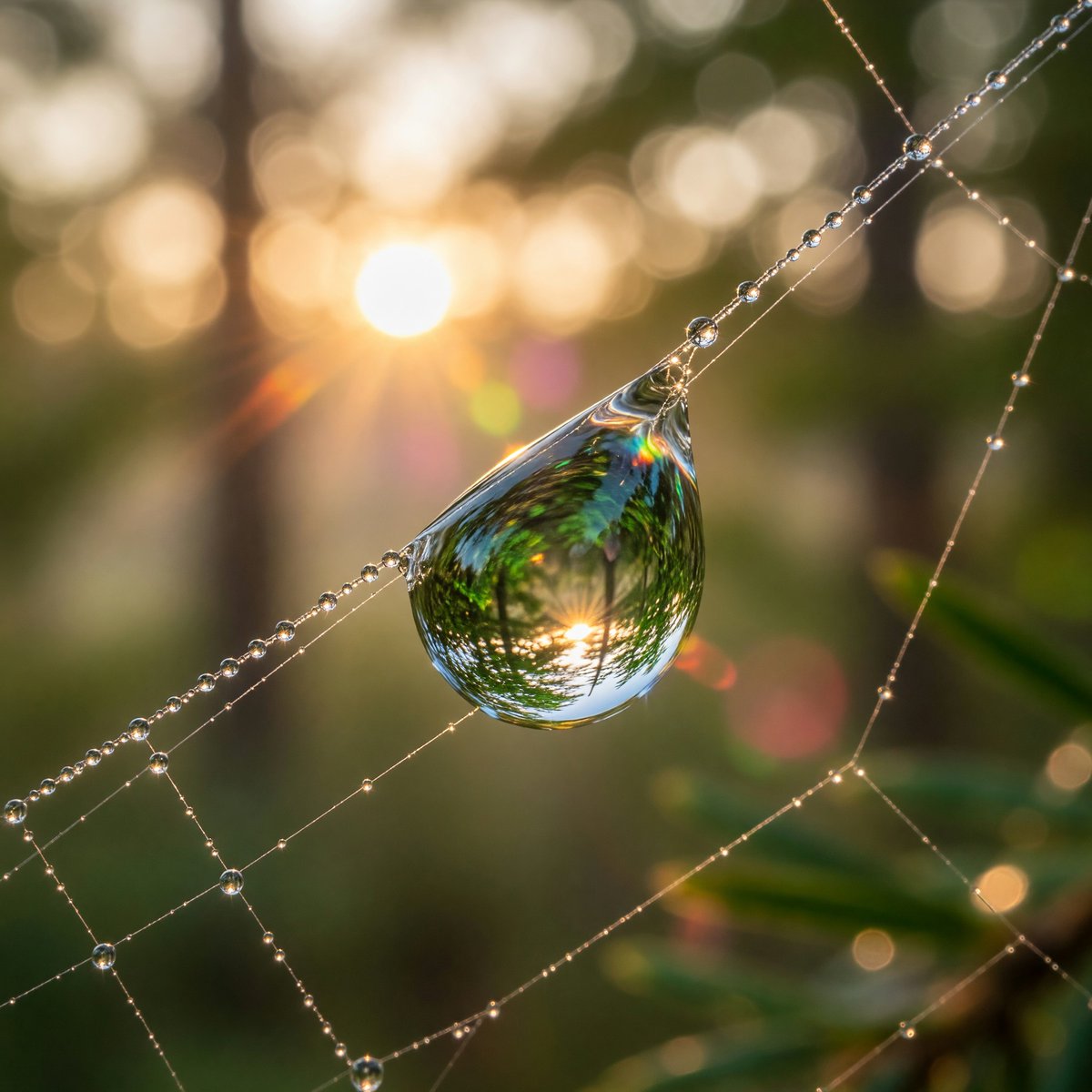 Dewdrop Refracts Sunrise Forest Macro
