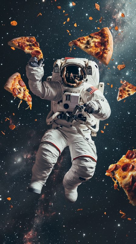 Astronaut With Levitating Pizza Slices in Space