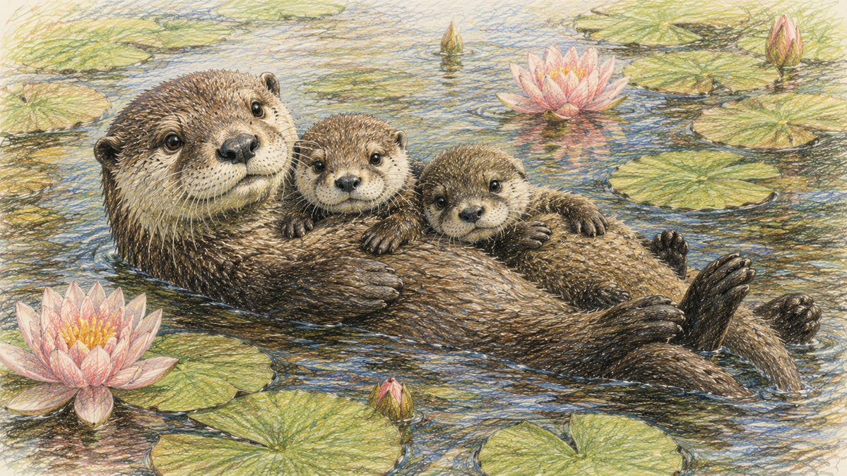 Mother Otter With Pups In Lily Pond