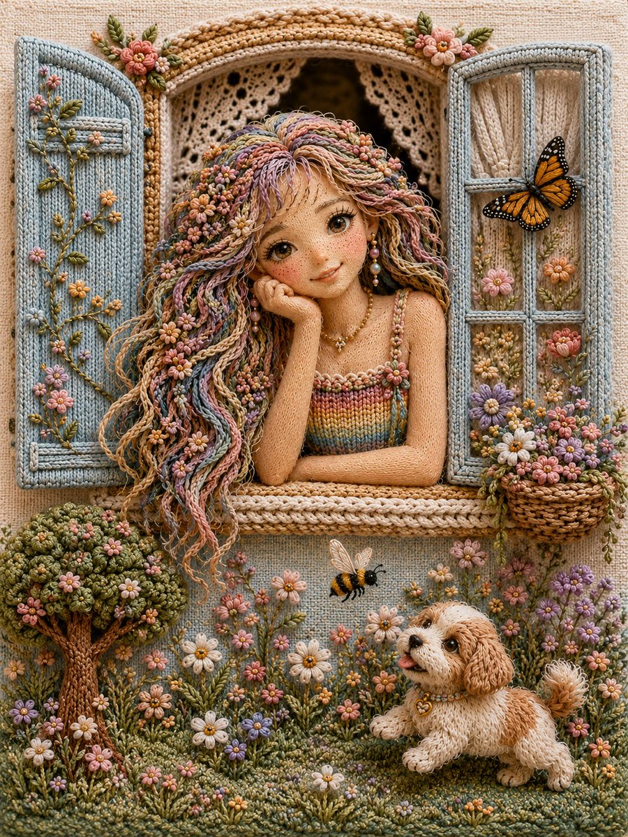 Whimsical 3D Embroidered Girl Window Scene