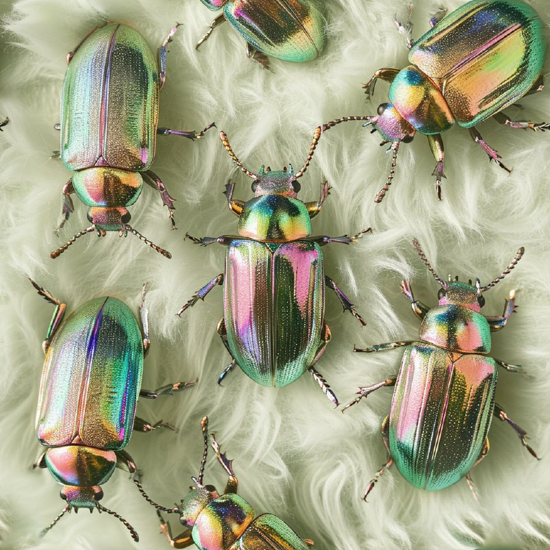 Iridescent Jewel Beetles on Soft Green Fabric