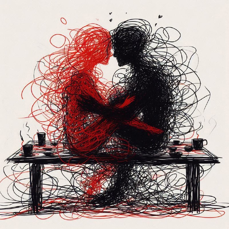 Scribbled Woman and Man at Table Chaotic Drawing