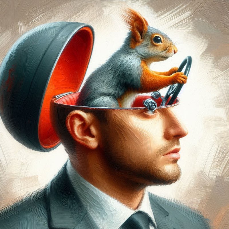 Squirrel Driving Inside Man Head Oil Painting