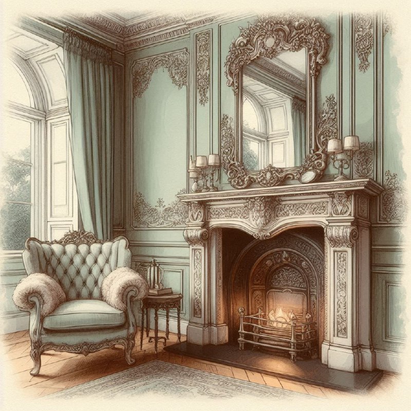 Victorian Fireplace Room in Sage Green Watercolor