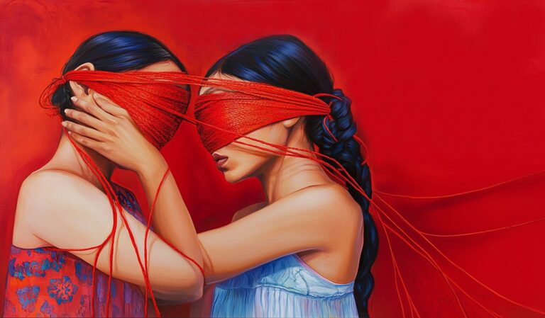Surreal Blindfolded Women with Red Threads