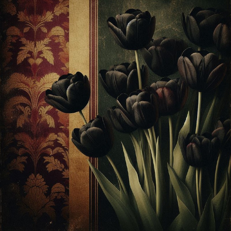 Black Tulips on Dark Burgundy Vintage Wallpaper