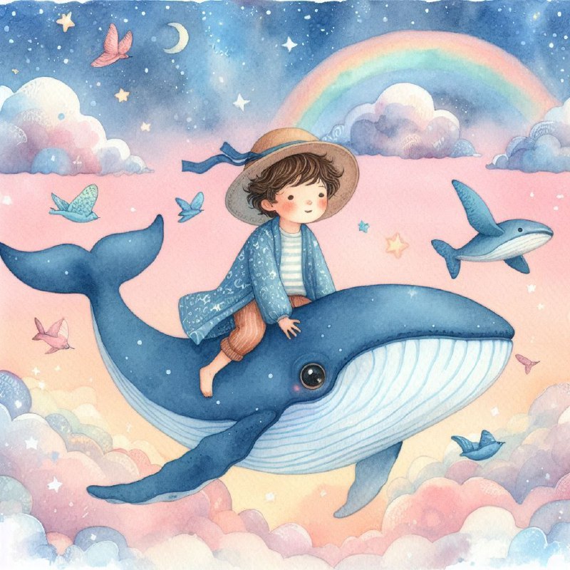 Boy Riding Flying Humpback Whale Watercolor