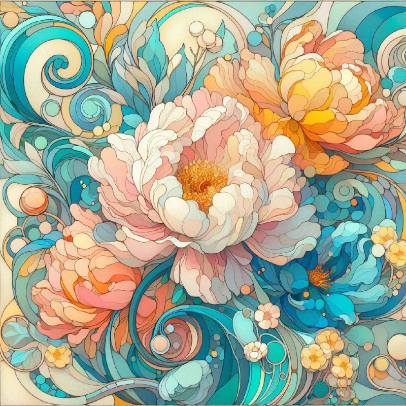 Art Nouveau Peony and Eucalyptus Pastel Blooms