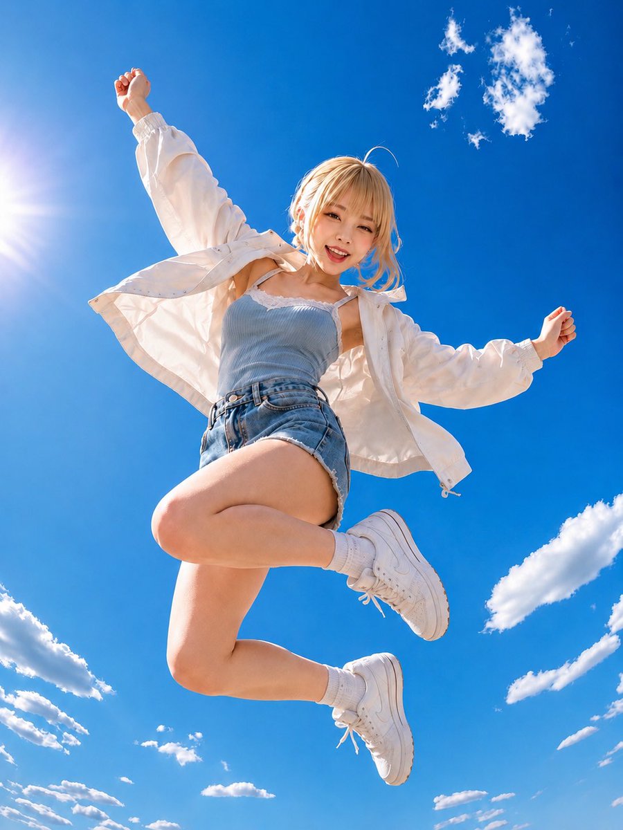 Blonde Girl Summer Sky Jump