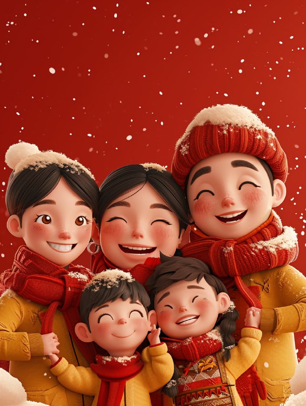 Family of Five Bowing Chinese New Year Pixar Style