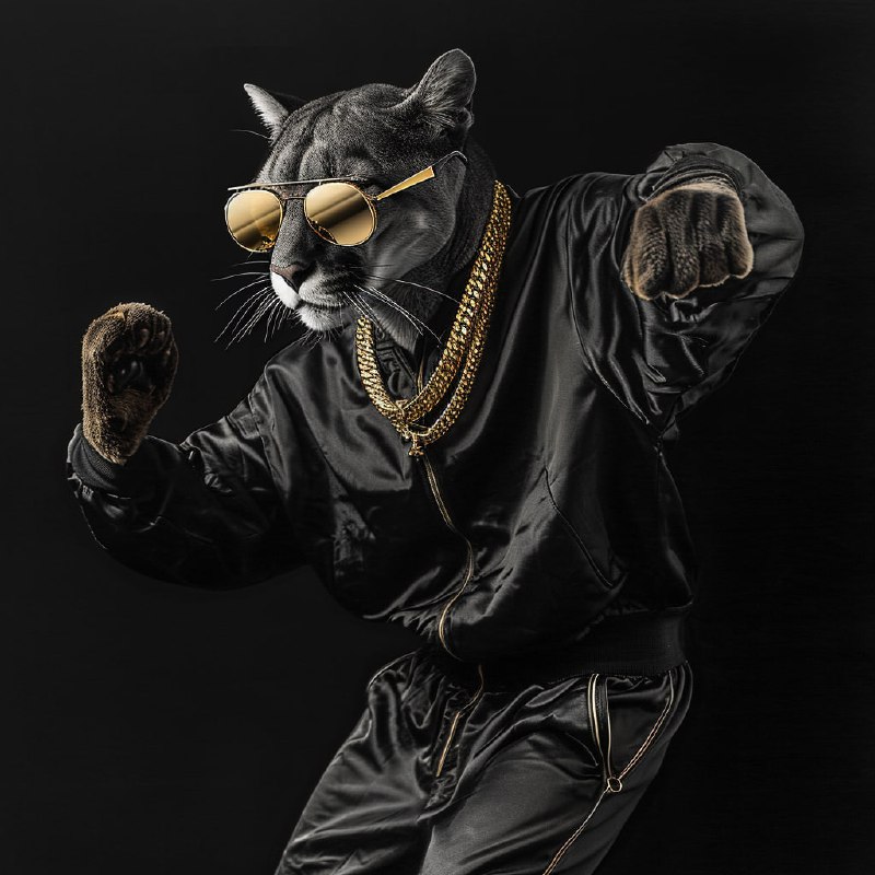 Dancing Puma in Gold Glasses and Necklace