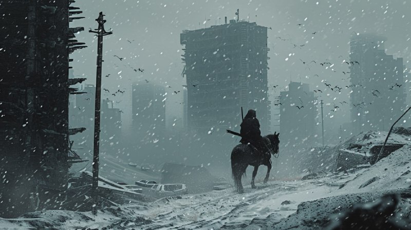 Witch Hunter Riding Into Snowy Ruined City