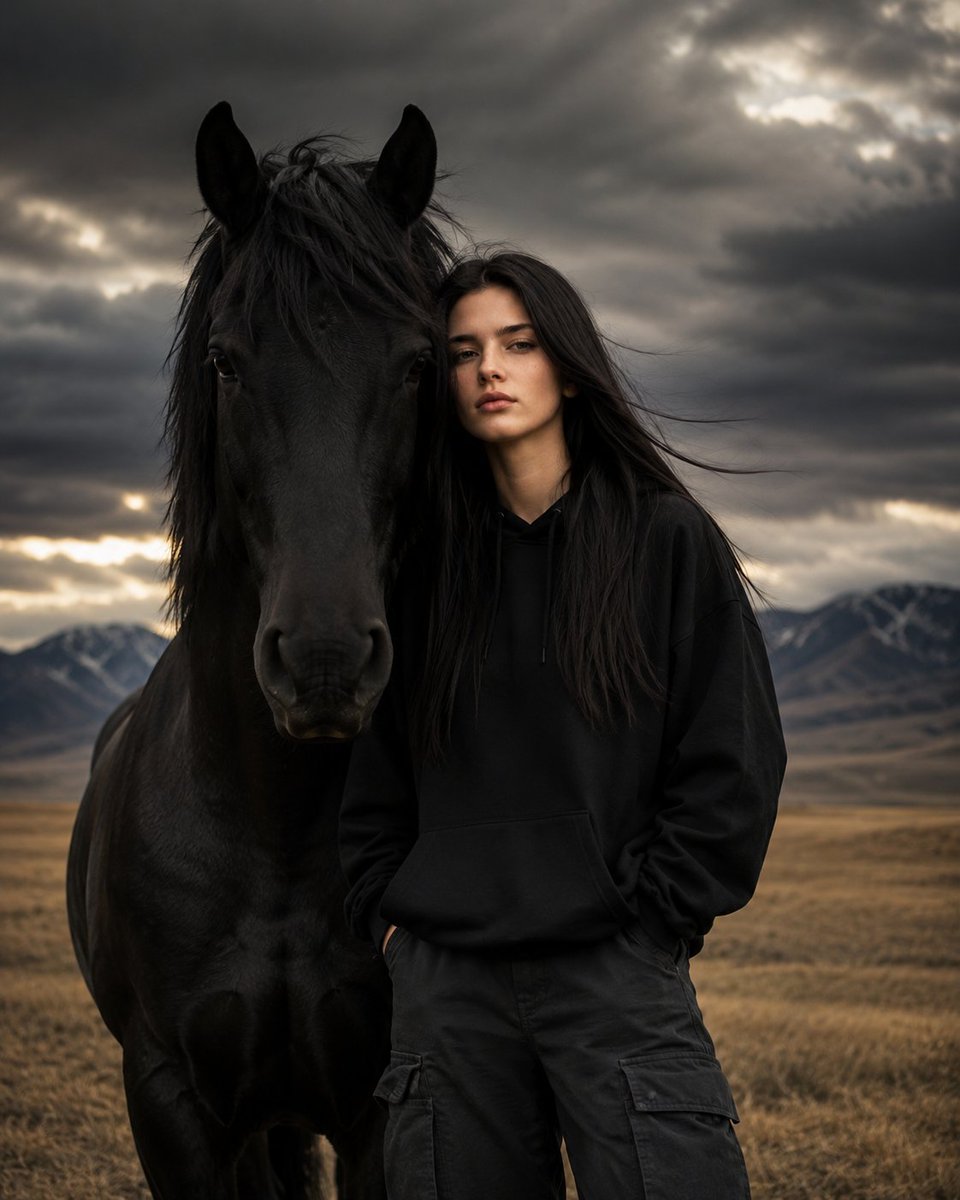 Mysterious Woman and Black Horse
