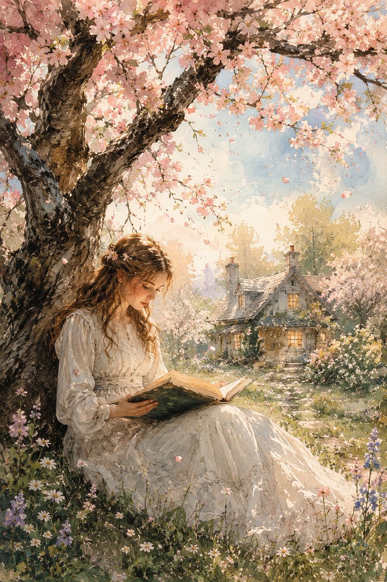Dreamy Watercolor Girl Reading Under Tree