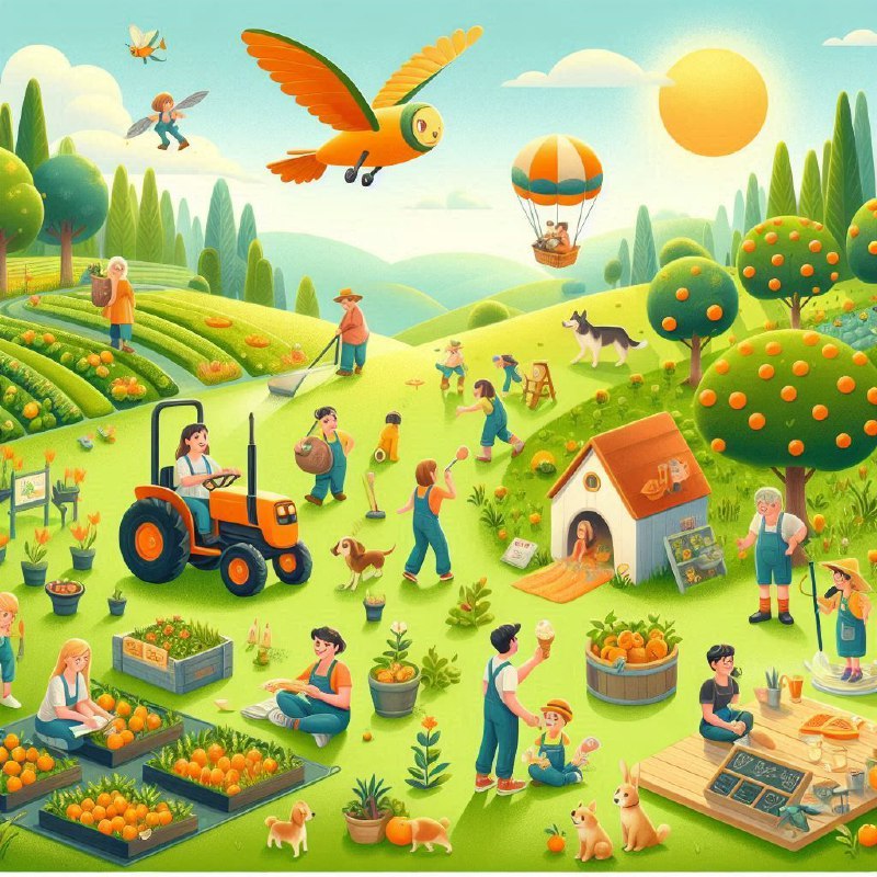 Children's Book Farm Scene With Villagers Working the Fields